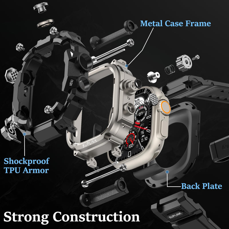 SUPLINK Rugged Case with Sport Band for 49mm Apple Watch Ultra 3 2 1 Bands Titanium and Stainless Steel Apple Watch Band for Men Grey
