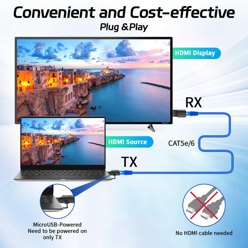 196FT HDMI Extender Over Single Ethernet Cat5e/6 Cable, Support Audio Video UHD 1080P@60Hz, HDMI Male to Male RJ45 Network LAN Extender 60M Converter Repeater, for HDTV, PC, PS3/4, Projector, Monitor 60M Extender Adapter