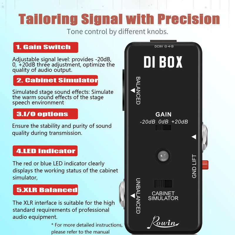 Rowin Guitar Bass Passive DI Box Instrument to Balanced and Unbalanced Micro Direct Box Pedal