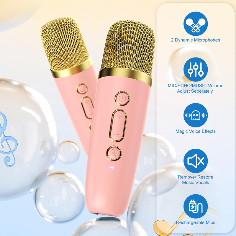Mini Karaoke Machine for Kids Adults, Portable Bluetooth Speaker with 2 Wireless Microphones, Karaoke Toys for Family Party, Birthday Gifts for Girls Ages 4, 5, 6, 7, 8, 9, 10, 12+ (Pink, 2 Mics) Pink