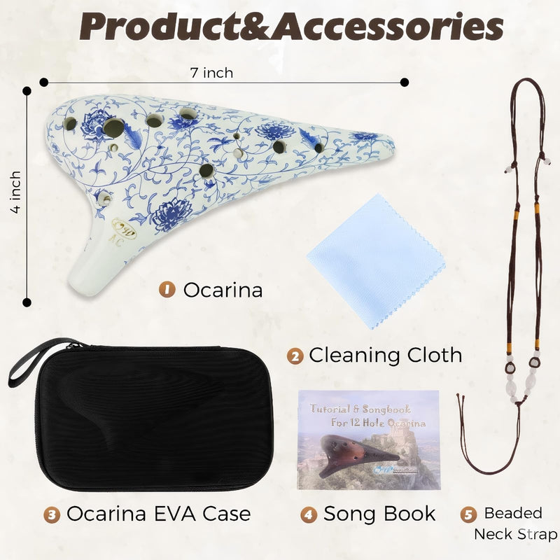 [AUSTRALIA] - OcarinaWind 12 Hole Alto C Ceramic Ocarina – Blue & White Glaze | Handcrafted Collectible with Protective EVA Case Blue&White 