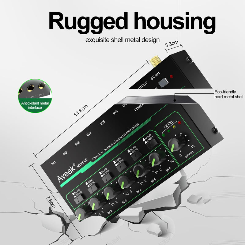 Aveek 6 Channel Mixer - Mini 6 Stereo Audio Mixer, Low-Noise for Precision Sub-Mixing,1/4" TRS Input/Output Ideal for Mics/Guitars/Bass/Stage - 3 x 5.8 x 1.3 inches