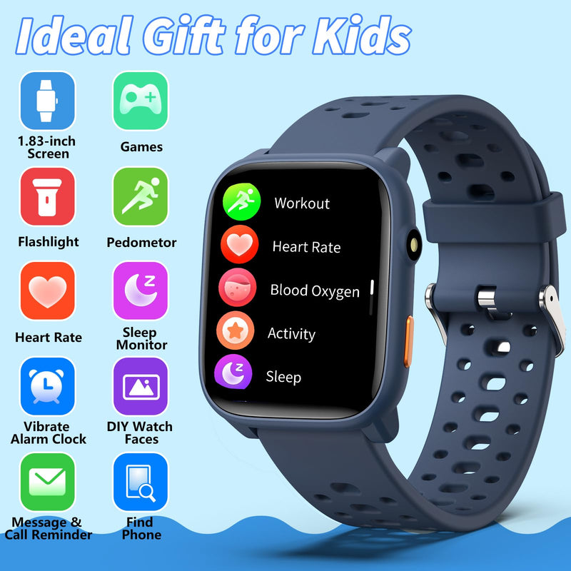 Kids Smart Watch 2-Pack: Gaming Watch & Sports Watch, 1.83" + 1.5”HD Screen, Heart Rate/Sleep Monitor, Pedometer, Alarm, IP68 Waterproof, Gift for Boys Girls 6-16