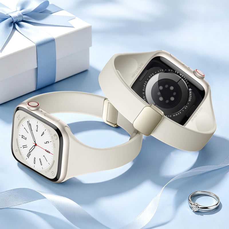 Charlam Slim Silicone Magnetic Band Compatible with Apple Watch Bands Women | Soft Breathable Thin Wristband 38mm 40mm 41mm 42mm 44mm 45mm 46mm, Sport Strap for iWatch SE Series 11 10 9 8 7 6 5 4 3 2 1 Starlight 38mm/40mm/41mm/42mm(series 11 10)