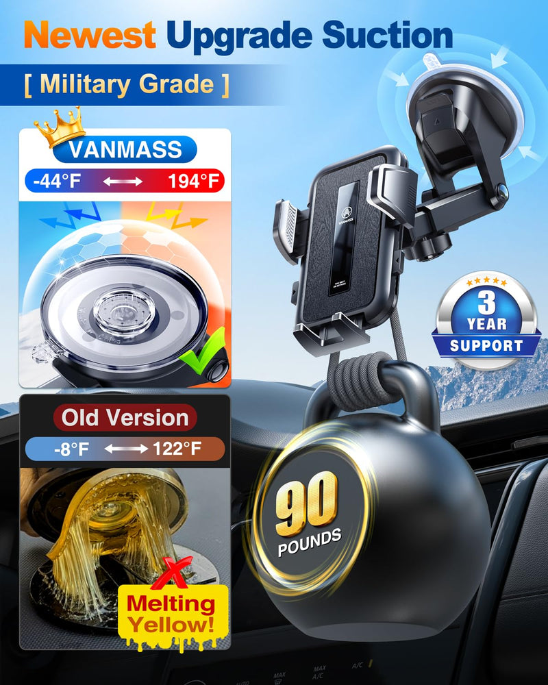 VANMASS 2026 Car Phone Holder【Military-Grade Strongest 90+LBS Suction】 | Phone Holder for Your Car Dashboard Windshield Vent Cell Phone Mount Truck Stand Cradle for iPhone 17 Pro Max 16 15 Android Black