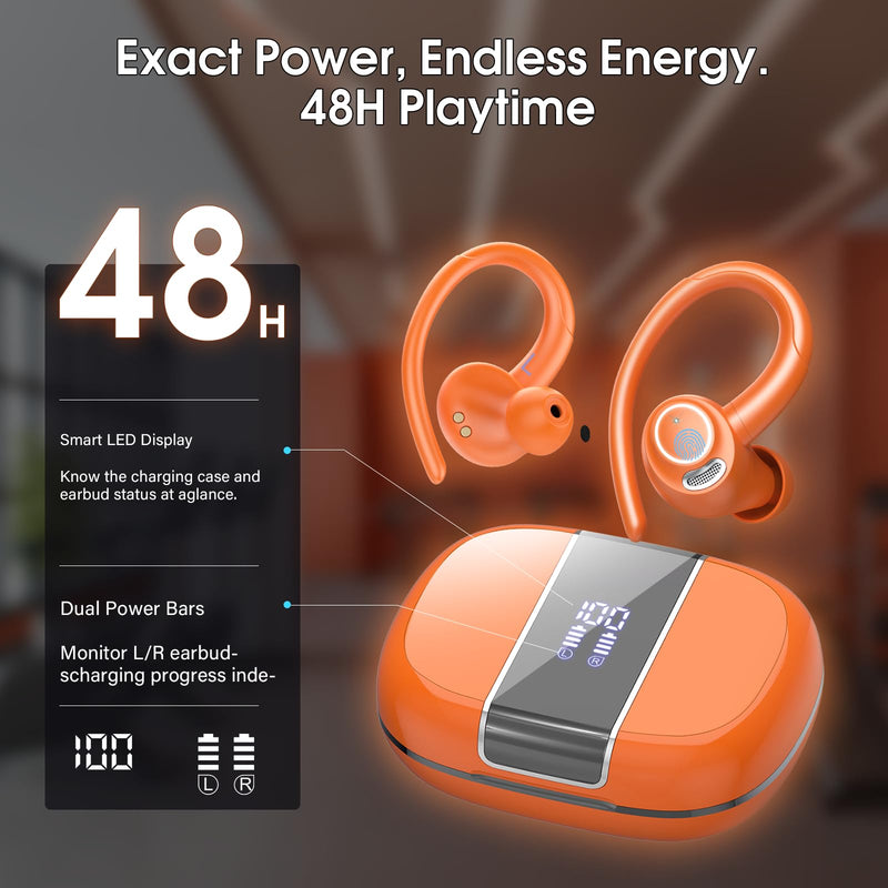Wireless Earbuds with Earhook, 48H Deep Bass/ENC Mic Ear Bud Pumpkin Orange | Wireless Earphone with LED Display, Bluetooth 5.3 Headphones In Ear, IPX7 Waterproof Over Ear Buds for Running/Workout