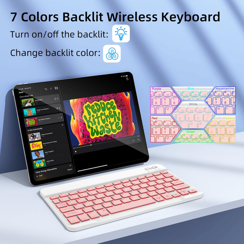 XIWMIX Ultra-Slim Wireless Bluetooth Keyboard-7 Colors Backlit Universal Rechargeable Portable Keyboard for iPad Pro/Air/Mini/iPad 9.7/iPad 10.2/Samsung Tablet & Other iOS Android Windows Devices-Pink light pink backlit