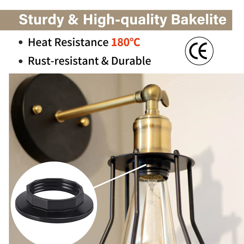 DiCUNO E14 Screw Ring for Lamp Holder, Heat Resistant Thread Ring for Lampshade or Glass Shade, 28 mm, Black Plastic Lamp Holder, Set of 4 28 mm black