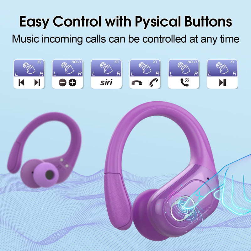 Aptkdoe 2 Sets Wireless Earbuds Sport, Bluetooth 5.4 Over Ear Buds Stereo Deep Bass Over Ear Bud with Earhooks, 75H Wireless Earphones with Mic, IPX7 Waterproof Earphone for Sports Black+Purple