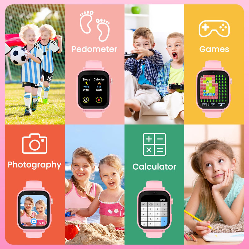 Kids smart Watch for Girls Boys 4g GPS Call Text-Smart Watch for Kids Game Camera Pedometer Alarm Clock Calculator-Kid Watches for Girls Boys 4-12 Ages Gifts Pink