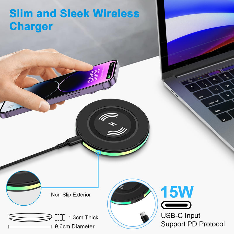 15W Samsung Wireless Charger Fast Charging for Samsung Galaxy S24 S23 Ultra S22+ S21 S20 FE S10 S9, Wireless Charger Pad Phone Charging Station for iPhone 15 14 13 12 11, Google Pixel 8 Pro 7a 6 Pro 1-Pack Black