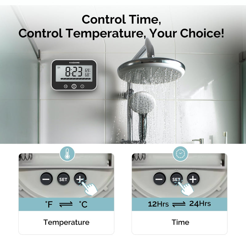 KADAMS Shower Timer Clock Waterproof Bathroom Timer – Digital Wall Clock with Countup & Countdown, Kitchen Clock with Temperature, Suction Cup for Kids Shower Spa Cook Bath (Black, Rectangular)