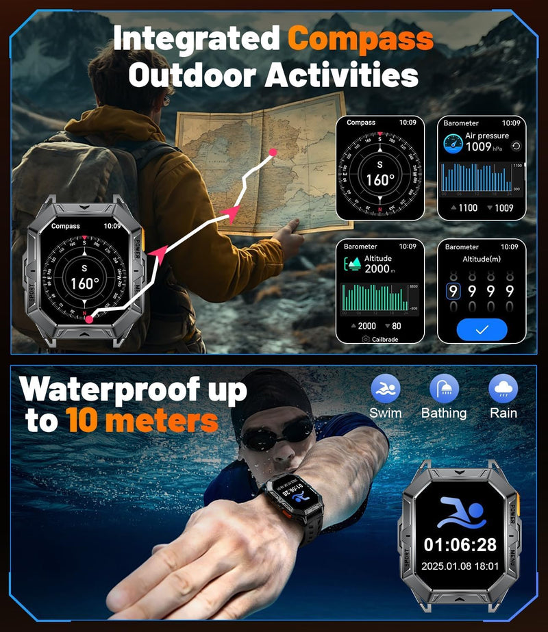 LIGE Military Smart Watches for Men(Answer/Make Calls),100-Day Battery Life,2.13" AMOLED Outdoor Sports Smartwatch with Compass,Fitness Tracker with 100+Sports Modes for Android iOS,AI Voice