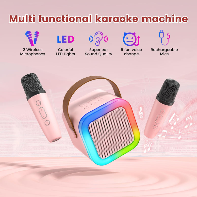Mini Karaoke Machine for Kids,Portable Bluetooth Speaker with 2 Wireless Microphones,Toddler Music Player Toys,Easter Birthday Gifts for 3,4,5,6,7,8,9,10,11,12+Years Old Girls Boys (Pink) Pink