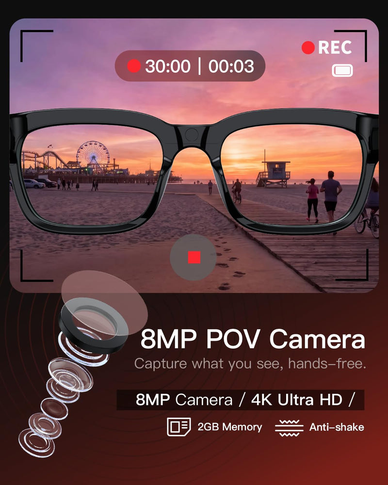 AI Smart Glasses with Camera, 4K POV Recording, Transparent Lens | 8MP photos, AI real-time translation, Object recognition, Bluetooth 5.4 open-ear audio for travel, work, and daily use