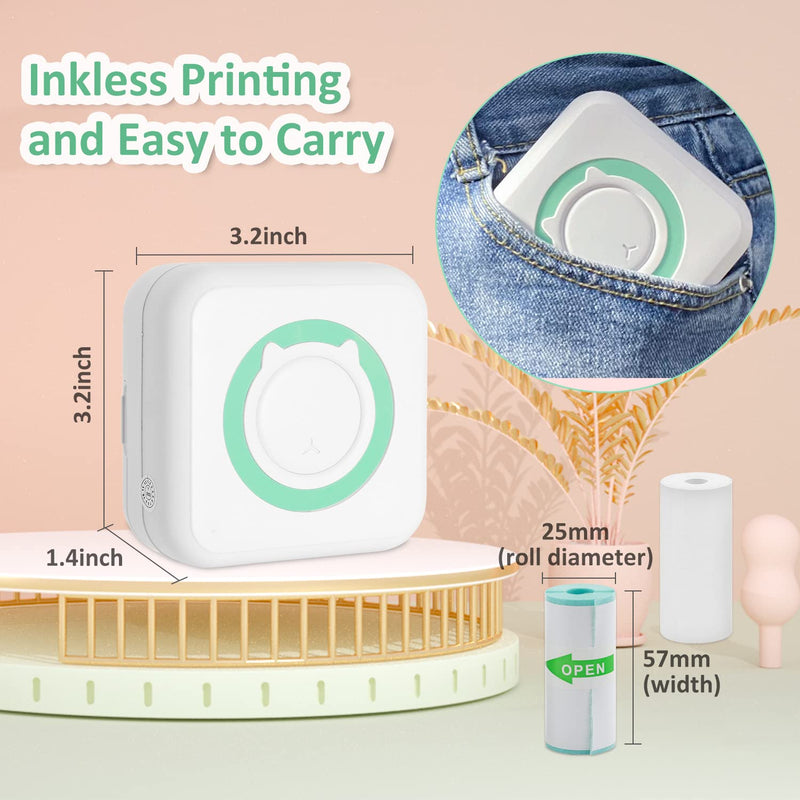 AURTEC Mini Thermal Printer, Portable Wireless Bluetooth Inkless Printer with 3 Rolls of Sticker and 3 Rolls of Thermal Paper, Compatible with Android/iOS, Pocket Printer for Memo, DIY, Photo and More Green