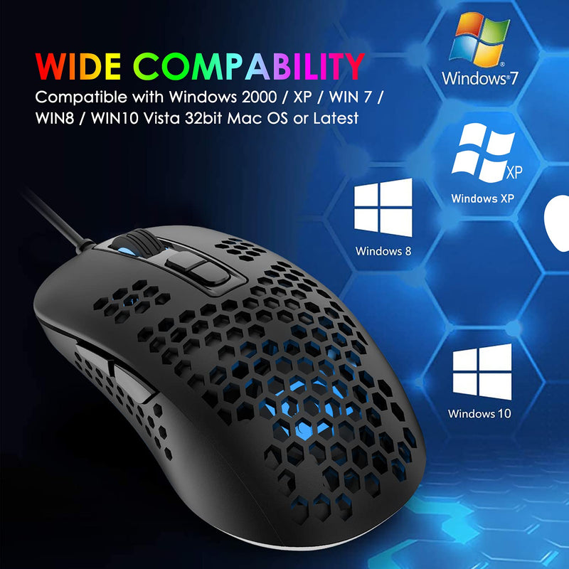 Lightweight Gaming Mouse Wired,USB Optical Computer Mice with RGB Backlit,4 Adjustable DPI Up to 2400,Ergonomic Gamer Laptop PC Mouse with Honeycomb Shell for Windows 7/8/10/XP Vista Linux -Black Black