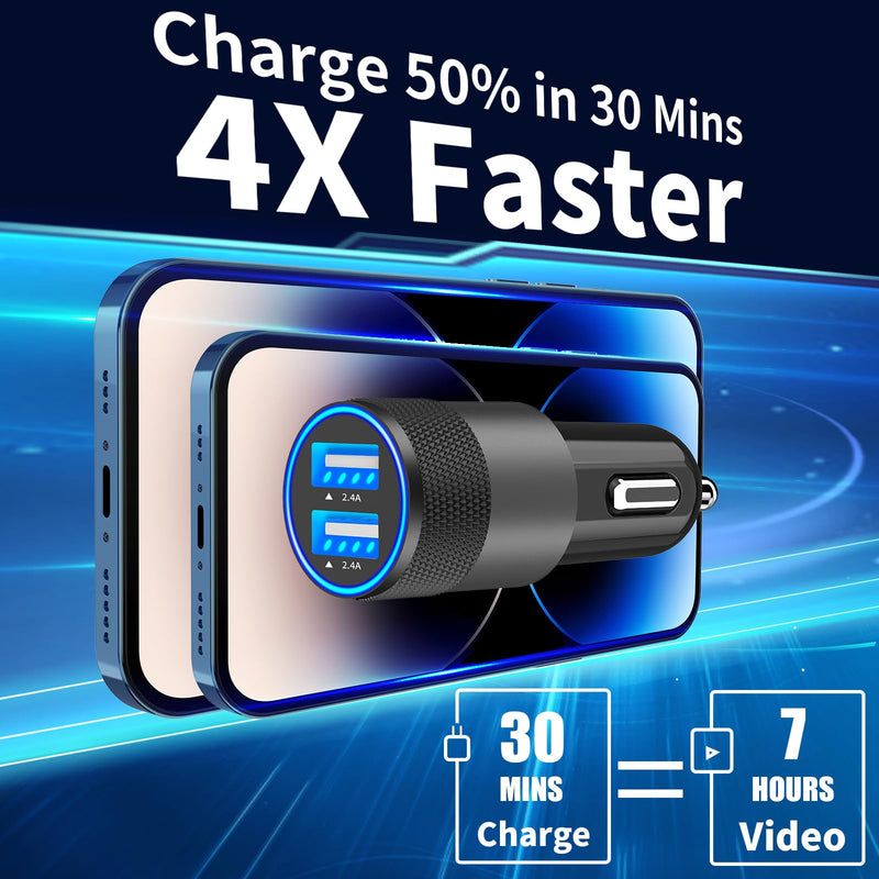 【MFi Certified】iPhone Fast Car Charger, Rombica 4.8A Dual USB Smart Power Cigarette Lighter USB Car Charger + 2Pack Lightning to USB Braided Cable for iPhone 14 13 12 11 Pro/XS Max/Mini/XR/SE/X/8/iPad Carbon Fiber Black