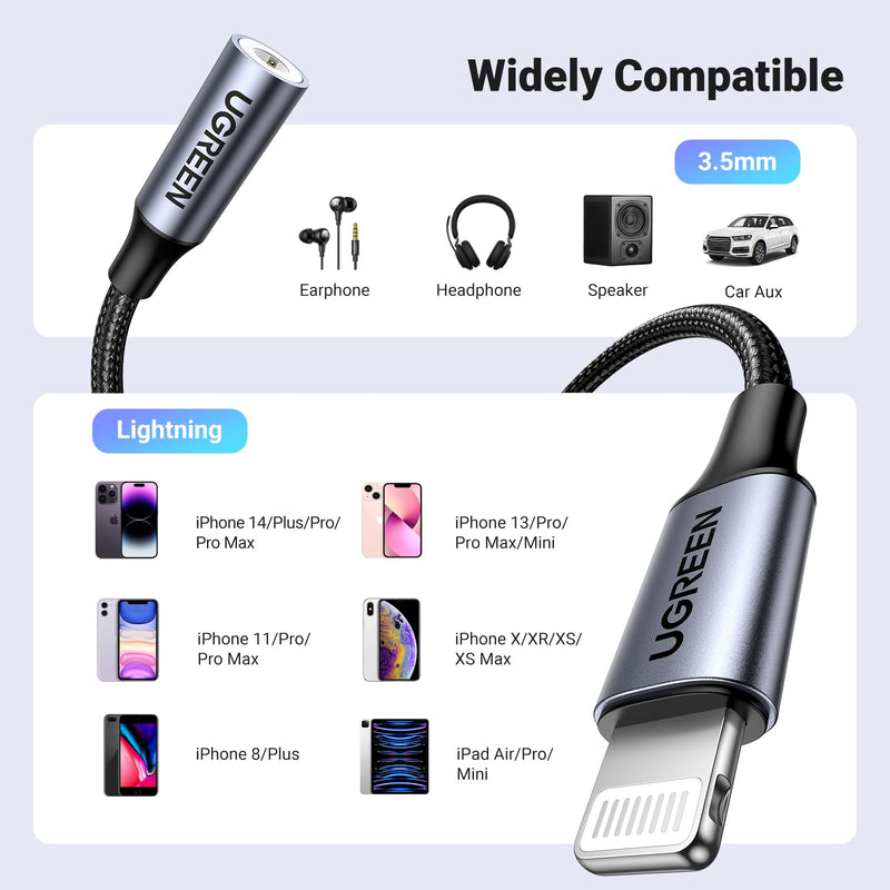 UGREEN Headphone Adapter Lightning to 3.5mm Adapter Apple MFi Certified Aux Audio Jack Dongle Compatible with iPhone 14 Pro Max/14 Plus/13 12 Pro Max/SE/11 Pro Max/XS, Grey