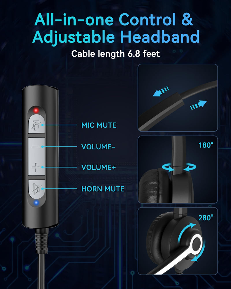 USB Headset with Microphone, Computer Headphones for PC Laptop, Wired Work Headset with Noise Canceling Microphone & In-line Control for Home Office, Teams Meetings, Online Class, Call Center, Zoom One ear - USB+3.5mm+USB-C
