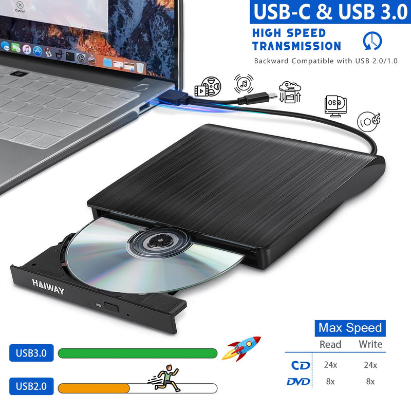 [AUSTRALIA] - Haiway External DVD Drive, USB 3.0 Type-C CD Burner Portable CD DVD +/-RW Optical Drive Slim CD DVD ROM Rewriter CD/DVD Player Writer Reader for Laptop Desktop MacBook PC Windows Linux Mac OS (Black) USB 3.0 USB-A & USB-C BK 