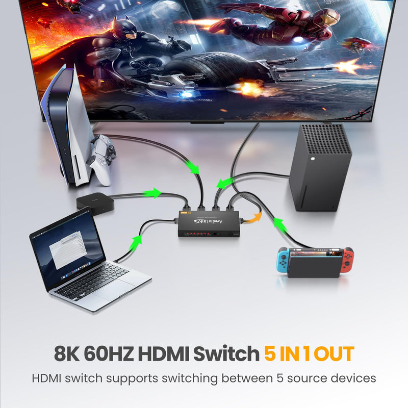 avedio links 8K HDMI2.1 Switch with Remote 5x1, 5 in 1 Out HDMI Splitter with Remote, Auto Switch HDMI Selector Box Support 4K@60Hz, HDCP2.3, HDR, 3D, for PS5, Xbox, Fire Stick, Blu-ray, HDTV 8K 60Hz 5 to 1