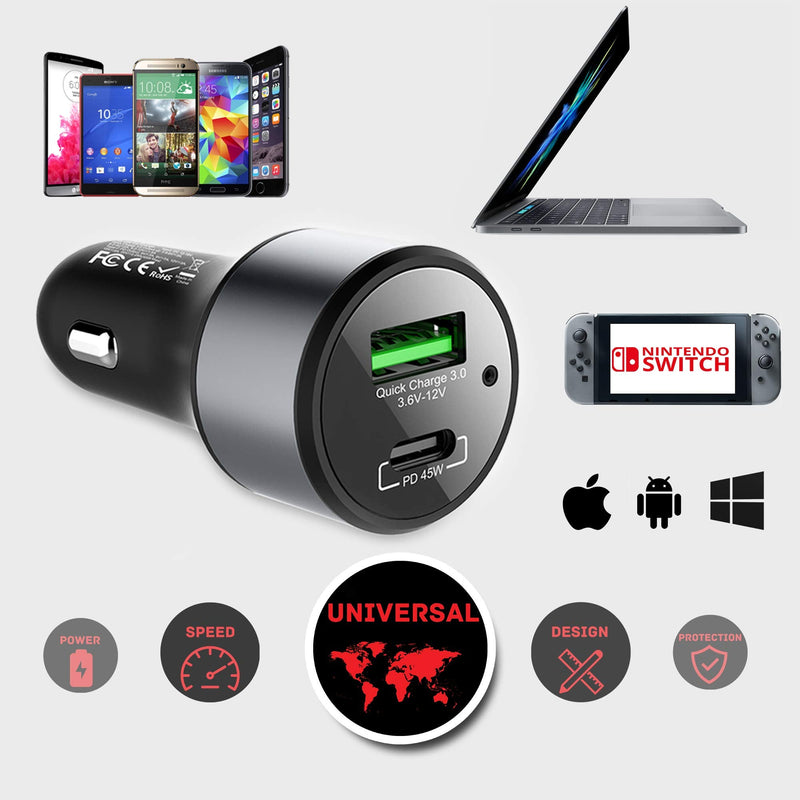 LinkOn 63W USB C Car Charger PPS&PD 3.0(45W) + QC 3.0(18W) Dual Port – Fast Car Charger Compatible with Laptop, Phone & Tablet – MacBook, Dell XPS, HP Spectre, iPad, iPhone, Samsung, Google Pixel Grey-63W