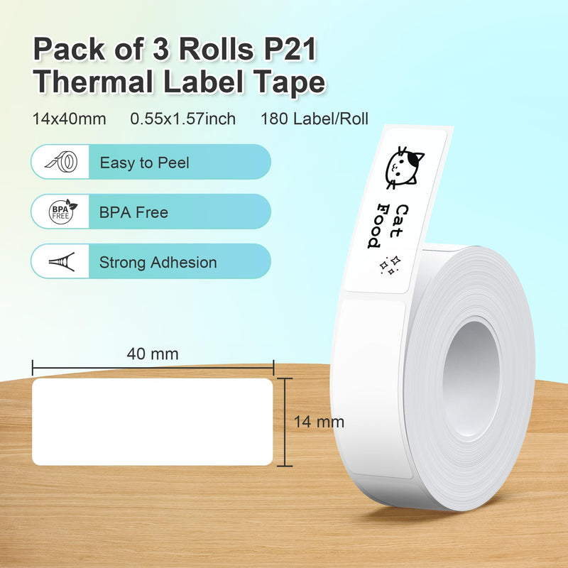 [AUSTRALIA] - NELKO Genuine P21 Label Maker Tape, Adapted Label Print Paper, 14x40mm (0.55"x1.57"), Standard Laminated Office Labeling Tape Replacement, Multipurpose of P21, 180 Tapes/Roll, 3-Roll, White 0.55"x1.57"(14mmx40mm)-3 Rolls 