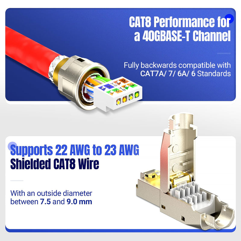 AMPCOM STP CAT8 RJ45 Connector Zinc-Alloy Tool-Free Ethernet Field Termination Modular Plug -12 Pack 12-Pack