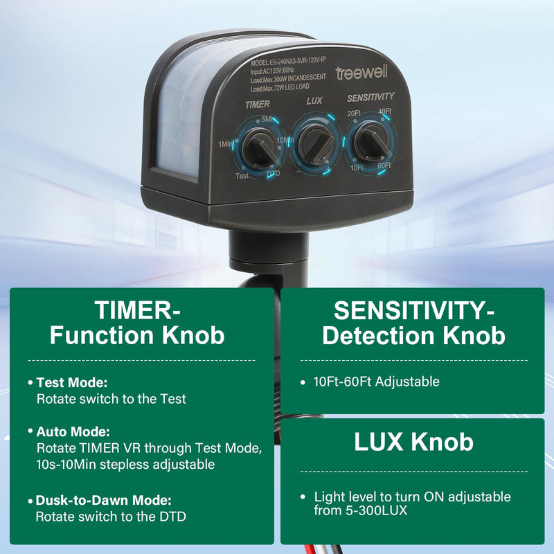 240-Degree Replacement Motion Sensor, Adjustable LUX(5-300) & Time & Detection Sensitivity Up to 60 Feet Range, 3 Working Modes Outdoor Motion Detector for Security Floodlight, Brown