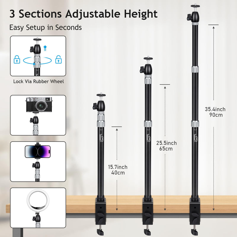 Taisioner Camera Desk Mount with 360° Ball Head, 15.7"-35.4" Adjustable Aluminum Alloy Stand - 6.6LBS Load C Clamp for DSLR, Ring Light, Live Streaming, Photo/Video Shooting