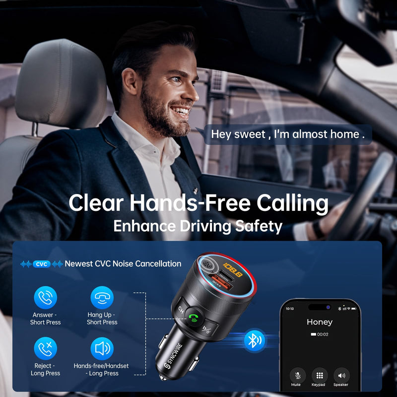 [AUSTRALIA] - Syncwire Bluetooth 5.4 FM Transmitter for Car, 38W PD&QC3.0 Dual USB Charging Bluetooth Car Adapter Microphone & Bass Sound MP3 Music Player FM Kit with Hands-Free Calling Black 