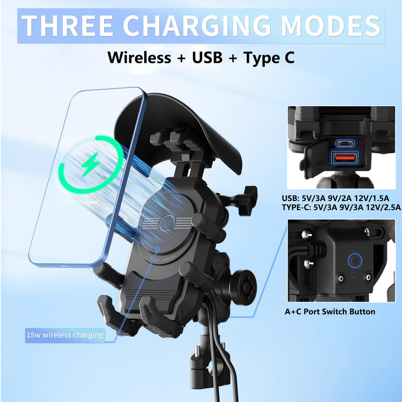 Motorcycle Phone Mount with 15W Wireless Charger & PD/USB-C USB Quick Charger Anti Vibration Theft Motorcycle Phone Holder with Sun Shade for Motorcycles