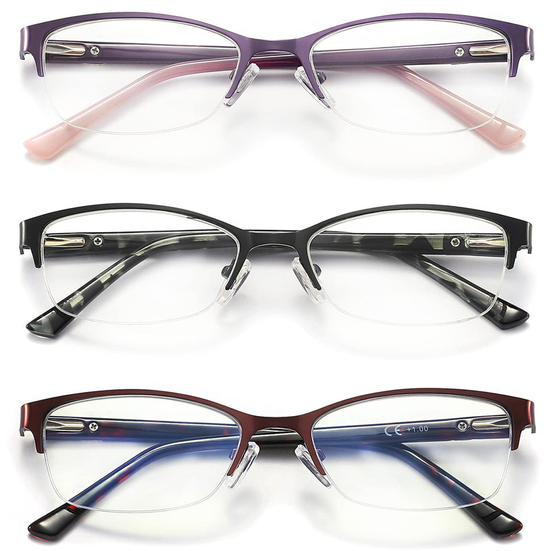 3 Pack Reading Glasses for Women Blue Light Blocking, Metal Oval Half Frame Womens Readers Glass with Spring Hinge, Anti Blue Ray Reduce Eye Strain Glare Headache(150 Magnification Strength) Black Red Purple 1.5x