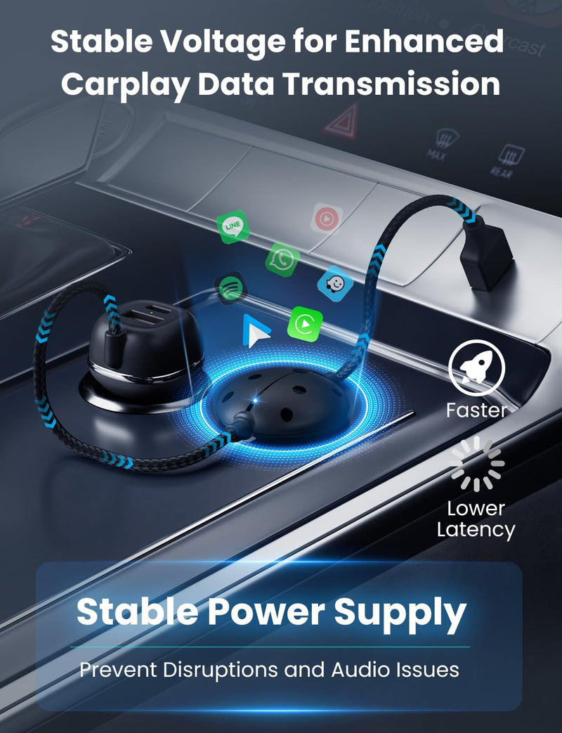 All-in-One Wireless Carplay & Android Auto Adapter with Fast Car Charger - 3 in 1 Cable for Stable Voltage, Enhanced Carplay/Android Auto Data. 48W, Dual USB C & A Ports
