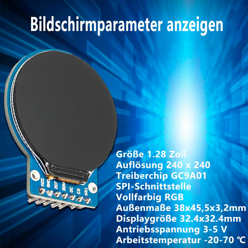 GC9A01 1.28 Inch Circular TFT Screen for Arduino RGB IPS HD 240 x 240 Resolution SPI Interface LCD Display Module for Display Devices, Real-time Monitoring and Instrument Display