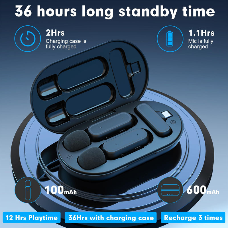 [AUSTRALIA] - 2-Pack Wireless Lavalier Microphone for iPhone Android - Plug and Play Noise Reduction Clip-on Mic with Charging Case, for Vlogging YouTube Live Streaming Zoom Meetings Video Recording Youtuber Oval Case Dark Black 