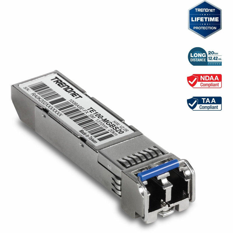 TRENDnet SFP to RJ45 100Base-FX Single-Mode LC Module, TE100-MGBS20 | Up to 12.4 Miles, Standard SFP Compatible, Up to 155Mbps Speeds, Duplex-LC Fiber Compatible,1310nm, Lifetime Protection 20 KM