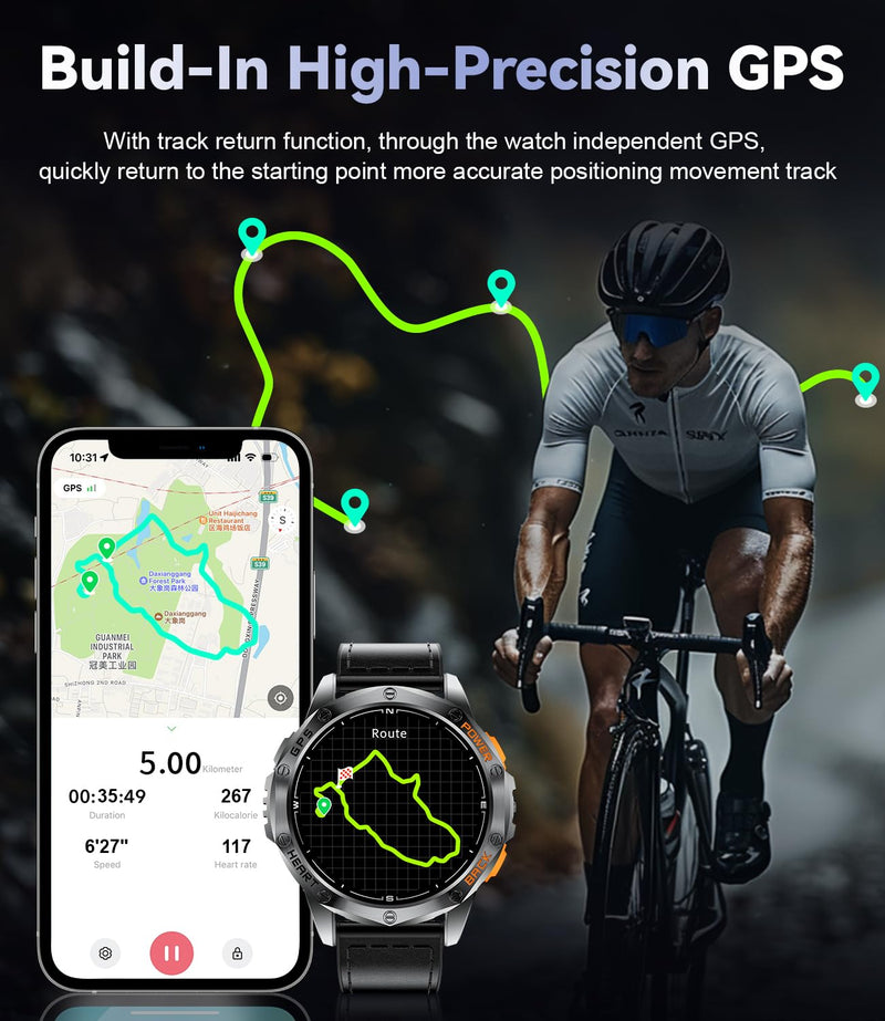 LIGE GPS Smart Watch for Men, 1.43'' AMOLED Always on Display, LED Flashlight/Compass/45 Days Battery/IP68 Waterproof Smartwatch, 100+ Sport Mode, Rugged Smart Watches for Android iOS Black Orange