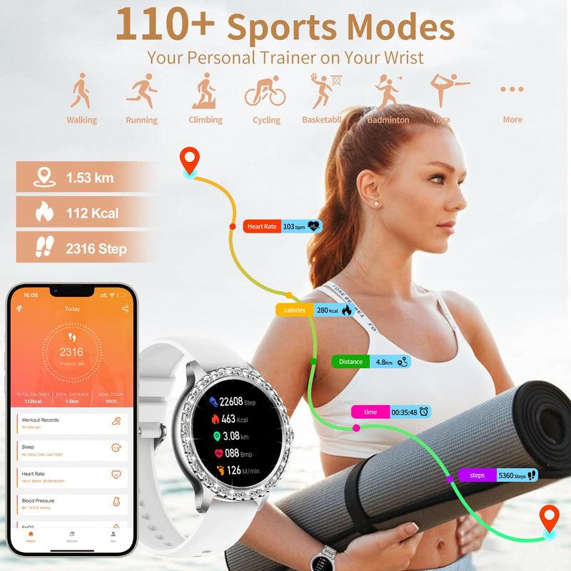 Smart Watch for Women with Diamonds (Answer/Make Call),1.32''Full Screen Smart Watch for Android /iOS,Fitness Tracker with Heart Rate/Blood Oxygen/Sleep Monitor/AI Voice Watches for Women,3 Straps Silver