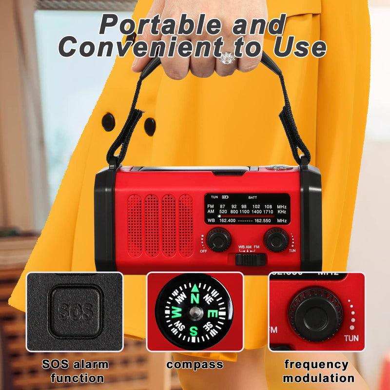 Emergency Radio,10000mAh Solar Radio, Hand Crank Radio, NOAA/AM/FM Weather Radio, USB Type-C Charging,Dynamo Radio,Polymer Battery,Torch & LED Reading Light, SOS Alarm,Compass for Camping Red