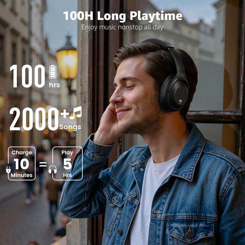 YMOO Noise Cancelling Headphones for Airplane, Wired Wireless ANC Headsets | Bluetooth 6.0 Over Ear Travel Headphones, LDAC Hi-Res Audio, 100H Playtime, Custom EQ via App Black