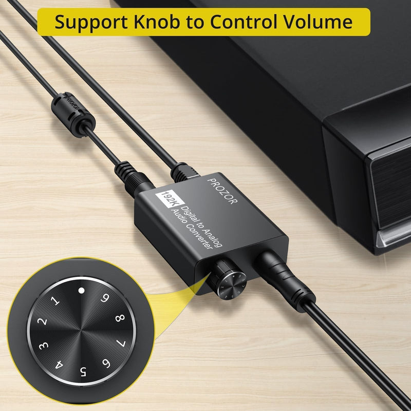 PROZOR 192KHz Digital to Analog Audio Converter with Volume Control, Digital SPDIF Optical to RCA Converter with Audio Amplifier Chip, Optical to 3.5mm DAC for HDTV DVD Blu-ray Players