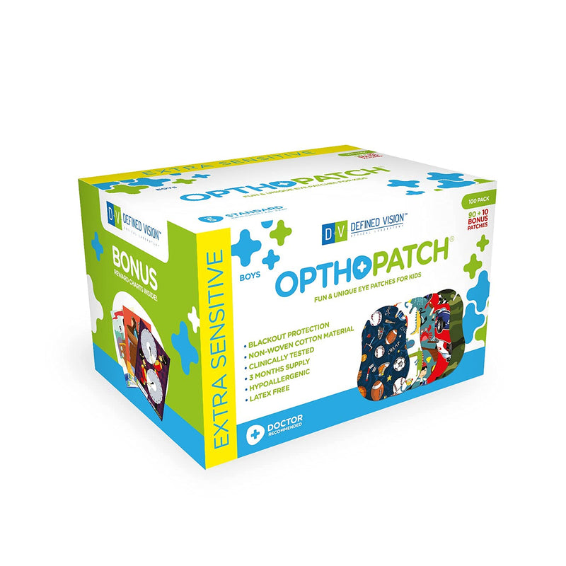 OPTHOPATCH Kids Eye Patches - Fun Boys Design [Series I] - 90 + 10 Bonus Latex Free Hypoallergenic Cotton Adhesive Bandages for Amblyopia and Cross Eye - 3 Reward Chart Posters by Defined Vision