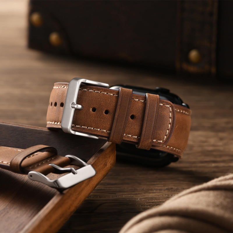 SUNFWR Compatible with Apple Watch Band 45mm 44mm 42mm for Men Women, Stainless Steel Metal iWatch Band with Case + Top Grain Genuine Leather Band for Apple Watch Series Ultra 9/8/7/6/5/4/3/2/1/SE/SE2