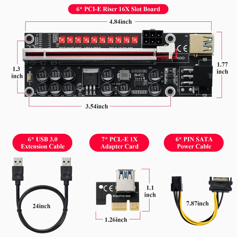 BEYIMEI PCI-E Riser 1X to 16X for Bitcoin GPU Mining Powered Riser Adapter Card,11 Fixed Capacitors,LED Colorful Light Effect,60cm USB 3.0 Cable-for Ethereum ETH Mining (VER014 -6 Pack) 6 PACK--VER014