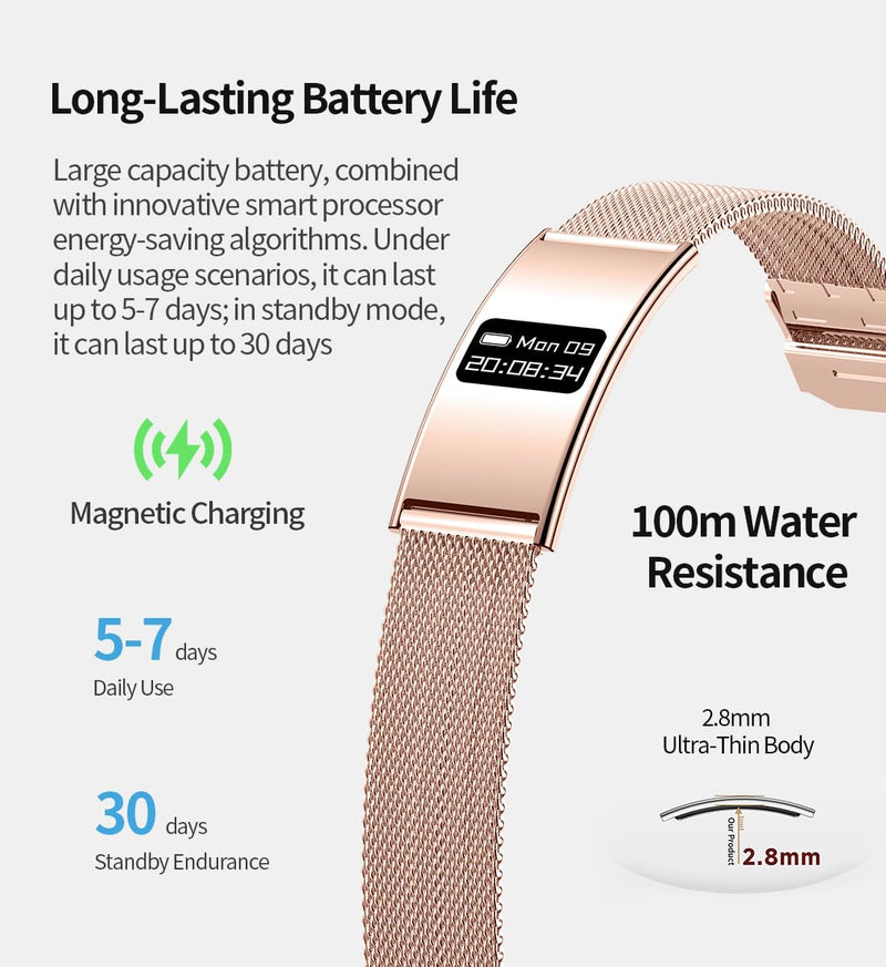 Smart Bragelet Health &-Fitness-Tracker with Stress Management, Workout Intensity, Sleep Tracking, 24/7 Heart Rate and More, Midnight Black/Rose Gold (Mesh Gold) Mesh Gold