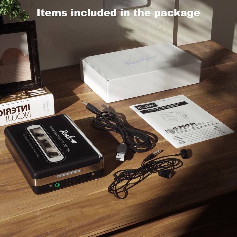 Reshow Cassette Tape Player, Portable Tape Player Audio Cassette to Digital Converter, Convert Cassette Tape Recorder to iPod Format Compatible with Laptops and Personal Computers - Black