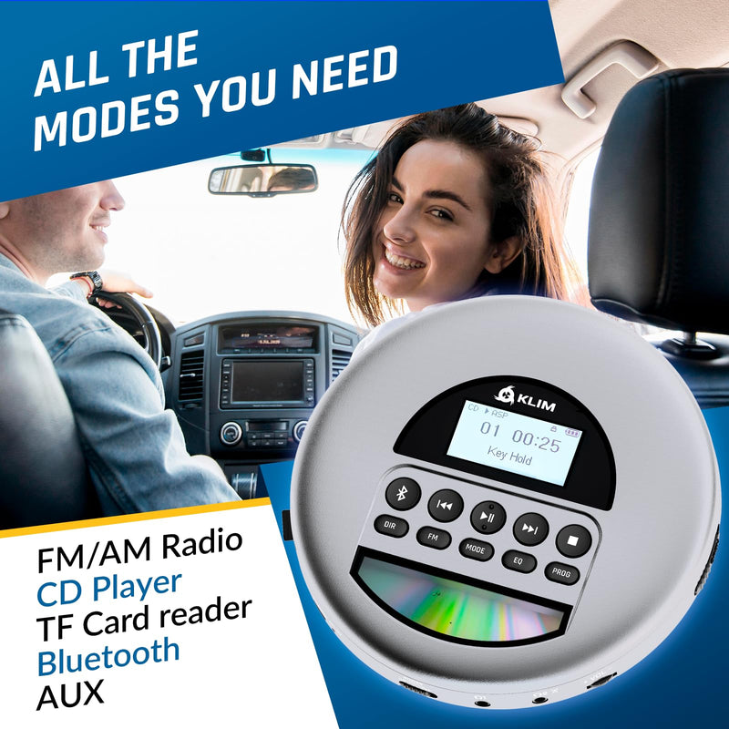 KLIM Nomad - New Version - Portable CD Player Walkman with Long-Lasting Battery - with Headphones - Radio FM - Compatible MP3 CD Player Portable - TF Card Radio FM Bluetooth - Ideal for Cars - Grey