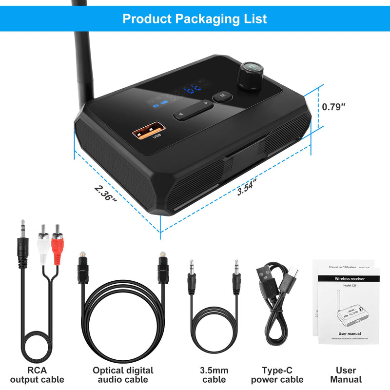 FancyWhoop Bluetooth 5.3 Receiver for Home Stereo, RCA Bluetooth Adapter, Optical AUX 3.5mm Low Latency HD Music Audio, RCA Adapter for Speakers Home Music Streaming Stereo System, AUX/USB